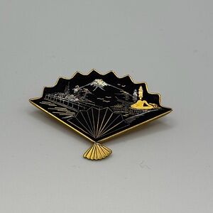 Vintage Amita Black Silver and Gold Fan Brooch Pin